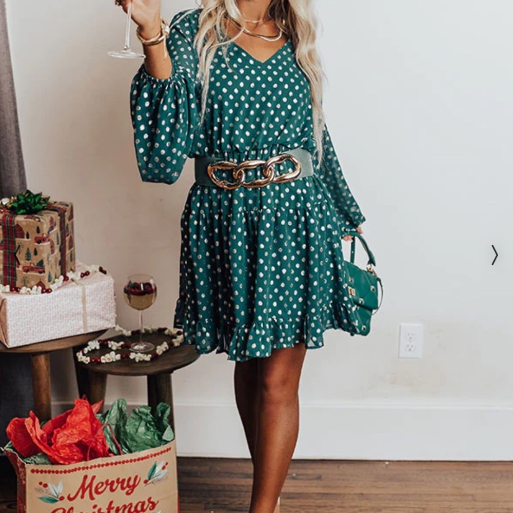 A2 - 147Impressions Hunter green and gold polka dot vneck long sleeve dress NWOT